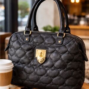 Betsey Johnson Black Quilted Heart Satchel Gold Lock Floral Interior Bagel